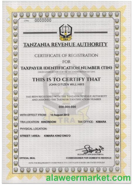 TANZANIA taxpayer identification number (TIN) registration certificate